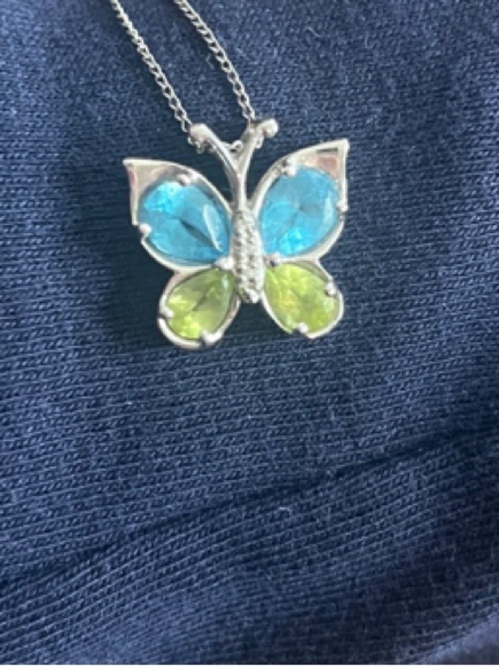 Silver Butterfly Pendant Necklace with Blue and Green Stones